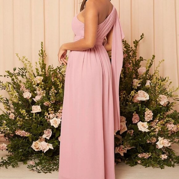 One Shoulder Ruched Chiffon Maxi Dress Pink Bridesmaid formal prom - Picture 2 of 5